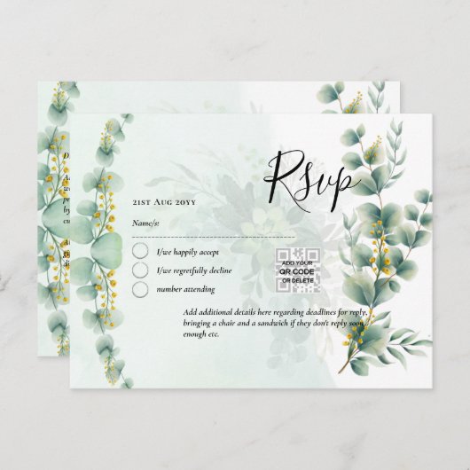Carte Postale CODE QR RSVP Feuilles d'Eucalyptus Végétation Mari (Devant / Derrière)