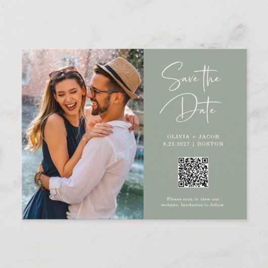Carte Postale Code QR | Sage Green Photo moderne Enregistrer la (Devant)