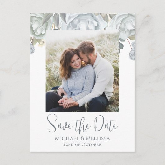 Carte Postale Code QR simple Dusty Blue Floral Mariage (Devant)