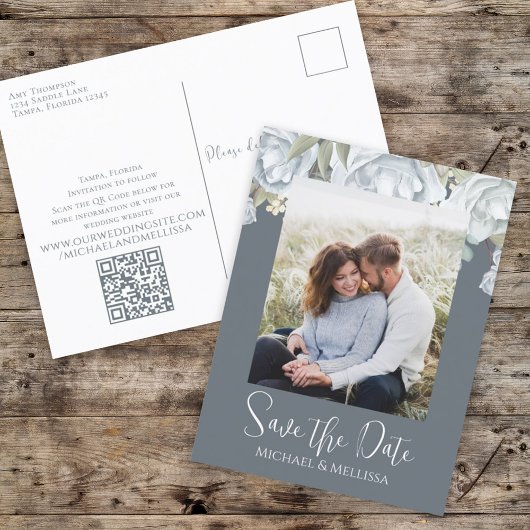 Carte Postale Code QR simple élégant bleu bleu floral Mariage
