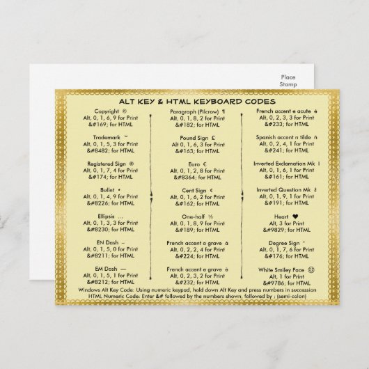 Carte Postale Codes clé Alt et clavier HTML (Devant / Derrière)