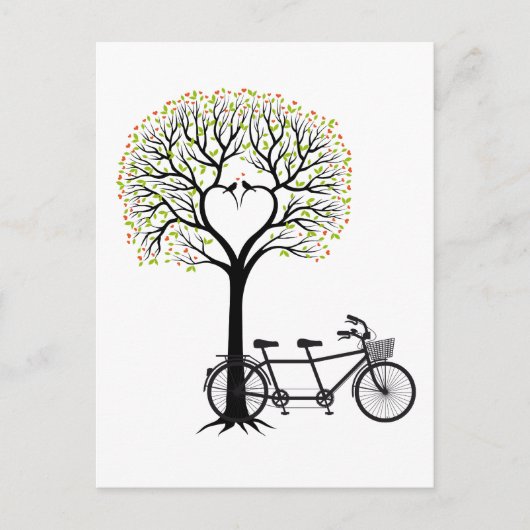Carte Postale Coeur arbre avec oiseaux et tandem vélo (Devant)