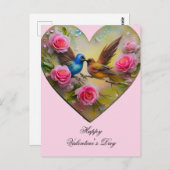 Carte Postale Coeur avec fleurs roses et oiseaux Valentine (Devant / Derrière)
