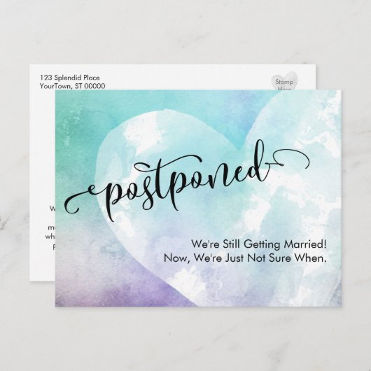 Carte Postale Coeur avec violet et turquoise Mariage reporté (Devant / Derrière)