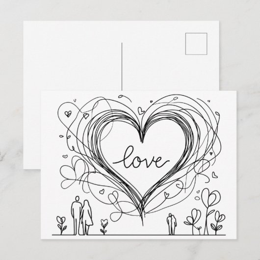 Carte Postale Coeur d'amour avec lignes tracées à la main (Devant / Derrière)