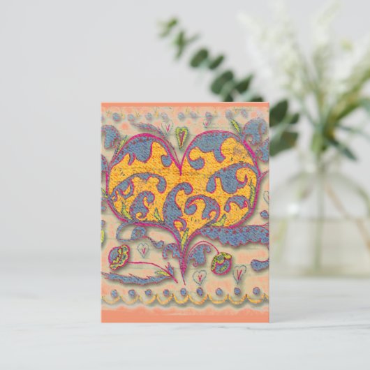 Carte Postale Cœur d'art populaire avec feuilles et fleurs (Debout devant)