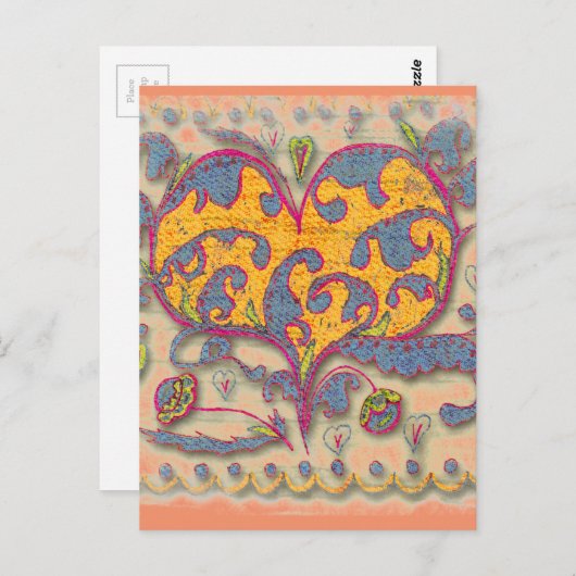 Carte Postale Cœur d'art populaire avec feuilles et fleurs (Devant / Derrière)