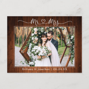 Carte Postale Cœur de calligraphie M. Mme Mariage Bois Merci