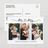 Carte Postale Cœur de calligraphie Mariage 3 Photo Merci (Devant / Derrière)