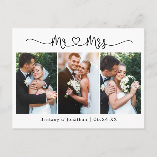 Carte Postale Cœur de calligraphie Mariage 3 Photo Merci (Devant)