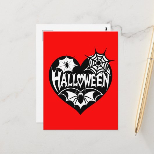 Carte Postale Cœur d'Halloween, forme de cœur noir, toile d'arai (Devant/Arrière en situation)