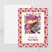 Carte Postale Cœur doré et floral romantique (Devant / Derrière)