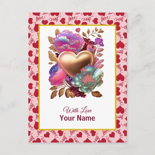 Carte Postale Cœur doré et floral romantique (Devant)