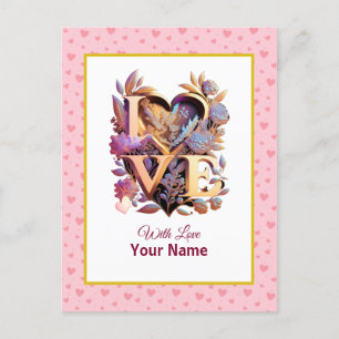 Carte Postale Cœur doré et floral romantique