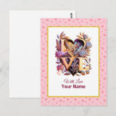 Carte Postale Cœur doré et floral romantique (Devant / Derrière)