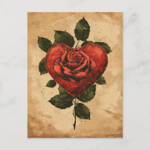 Carte Postale Coeur et Rose Amour Vintage Saint Valentin