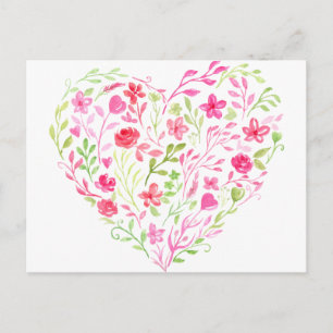 Carte Postale Coeur floral rose aquarelle