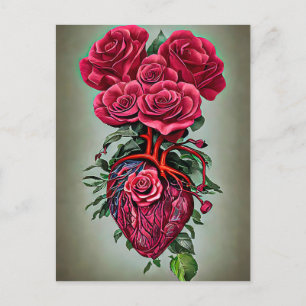 Carte Postale Coeur humain avec fleurs de rose rouge art surréal