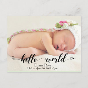 Carte Postale Coeur manuscrit Hello World Faire-part de naissanc
