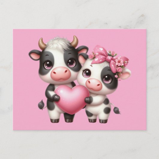Carte Postale Coeur rose Vaches mignon (Devant)