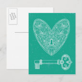 Carte Postale Coeur verrouillé et clé sur Arrière - plan vert ém (Devant / Derrière)