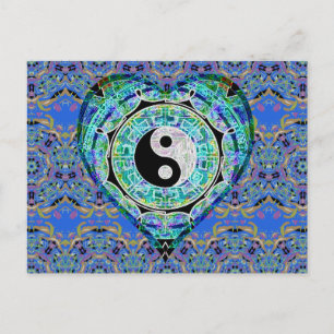 Carte Postale Coeur Yin Yang de vert bleu de mandala