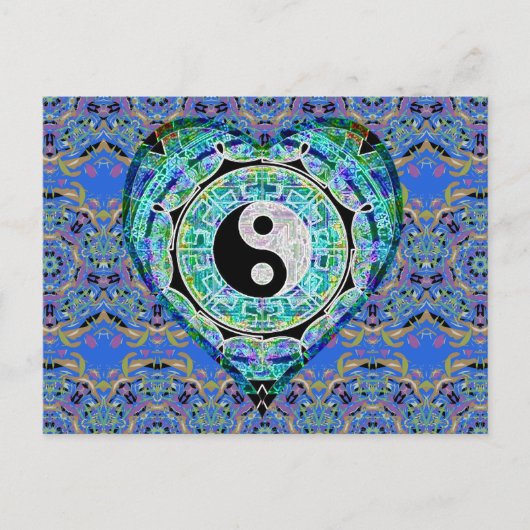 Carte Postale Coeur Yin Yang de vert bleu de mandala (Devant)