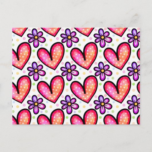 Carte Postale Cœurs aquarelles & motif de Saint-Valentin fleurs (Devant)