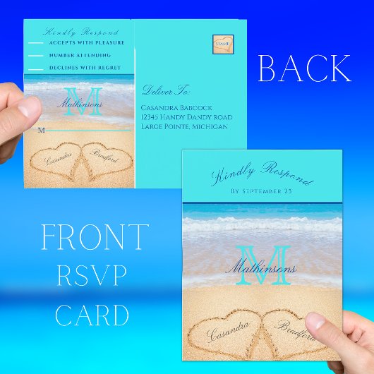 Carte Postale Coeurs bleu turquoise dans le sable Beach Wedding 