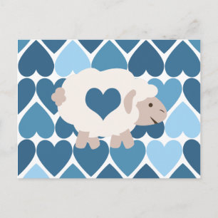 Carte Postale Coeurs bleus et agneau mignon