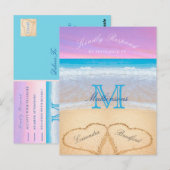Carte Postale Coeurs ciel rose violet dans le sable Beach Weddin (Devant / Derrière)