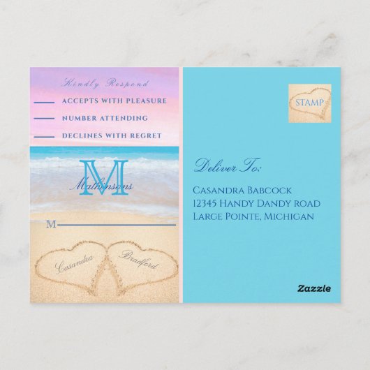 Carte Postale Coeurs ciel rose violet dans le sable Beach Weddin (Dos)