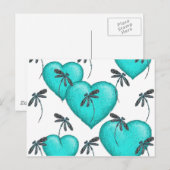 Carte Postale Cœurs d'amour et libellules Turquoise (Devant / Derrière)