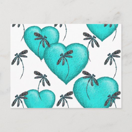 Carte Postale Cœurs d'amour et libellules Turquoise (Devant)