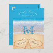 Carte Postale Coeurs dans le sable Plage Mariage Bleu RSVP (Devant / Derrière)