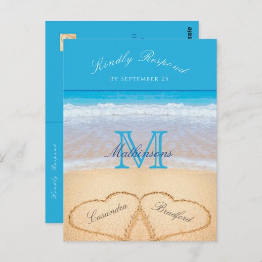 Carte Postale Coeurs dans le sable Plage Mariage Bleu RSVP (Devant / Derrière)