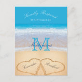 Carte Postale Coeurs dans le sable Plage Mariage Bleu RSVP (Devant)