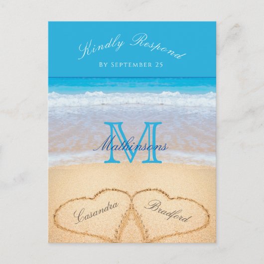 Carte Postale Coeurs dans le sable Plage Mariage Bleu RSVP (Devant)