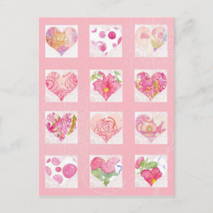 Carte Postale Coeurs d'aquarelle rose Fleur Collage Rose Chat