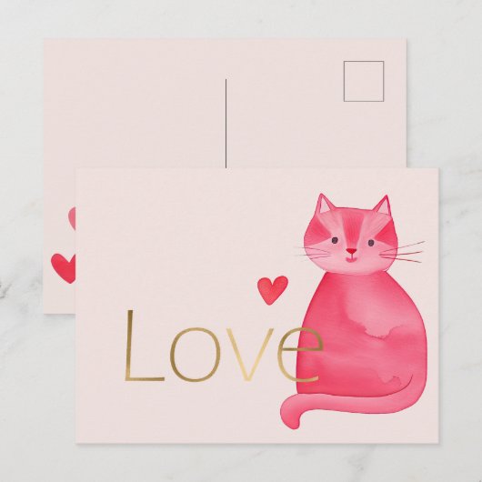 Carte Postale Coeurs de chats roses mignonette Gold Love (Devant / Derrière)
