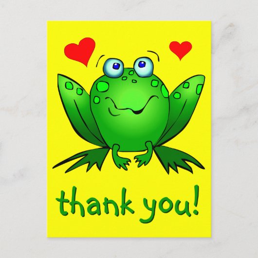 Carte Postale Coeurs de grenouille verte mignonne Merci Jaune (Devant)