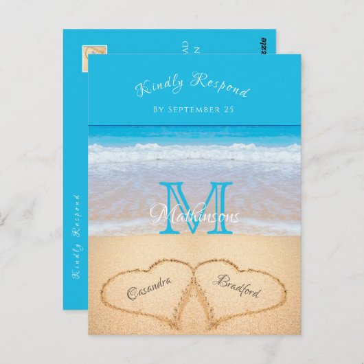 Carte Postale Coeurs de mariage sur la plage dans le sable RSVP (Devant / Derrière)