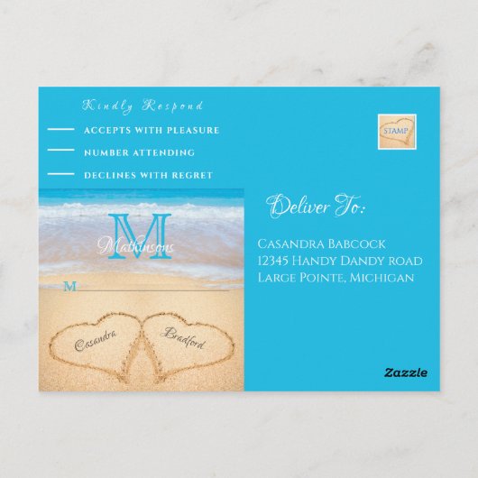 Carte Postale Coeurs de mariage sur la plage dans le sable RSVP (Dos)