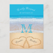 Carte Postale Coeurs de mariage sur la plage dans le sable RSVP (Devant)