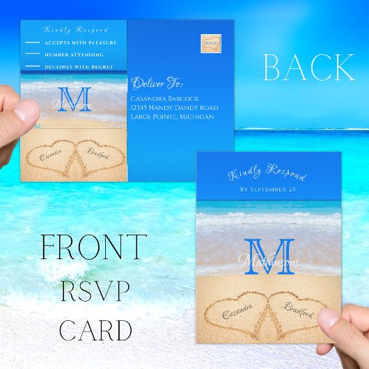 Carte Postale Coeurs de mariage sur la plage dans le sable RSVP