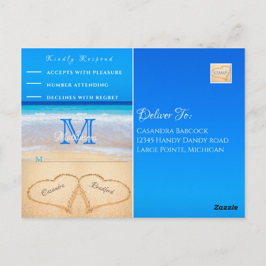 Carte Postale Coeurs de mariage sur la plage dans le sable RSVP (Dos)