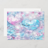 Carte postale coeurs et fleurs rose aqua (Devant / Derrière)