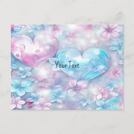 Carte postale coeurs et fleurs rose aqua (Devant)