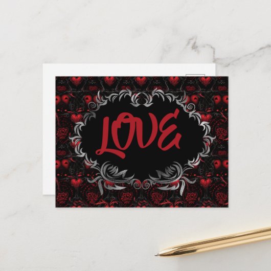 Carte Postale Cœurs gothiques AMOUR Saint Valentin (Devant/Arrière en situation)
