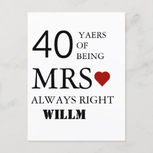Carte Postale Coeurs mariage 40e anniversaire M. Mme Right